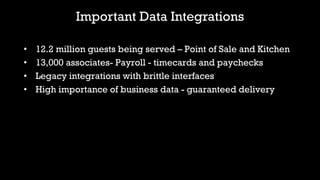 Important Data Integrations
• 12.2 million guests being served – Point of Sale and Kitchen
• 13,000 associates- Payroll - timecards and paychecks
• Legacy integrations with brittle interfaces
• High importance of business data - guaranteed delivery
 