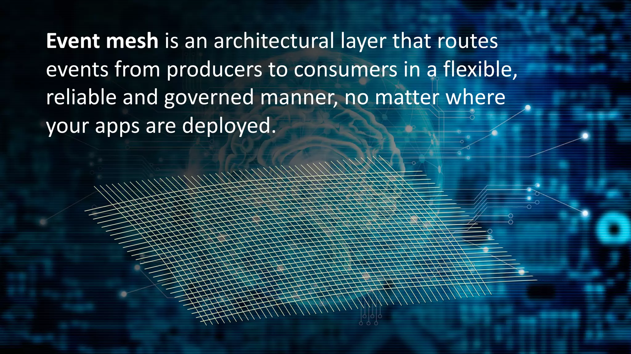 Event mesh is an architectural layer that routes
events from producers to consumers in a flexible,
reliable and governed manner, no matter where
your apps are deployed.
 
