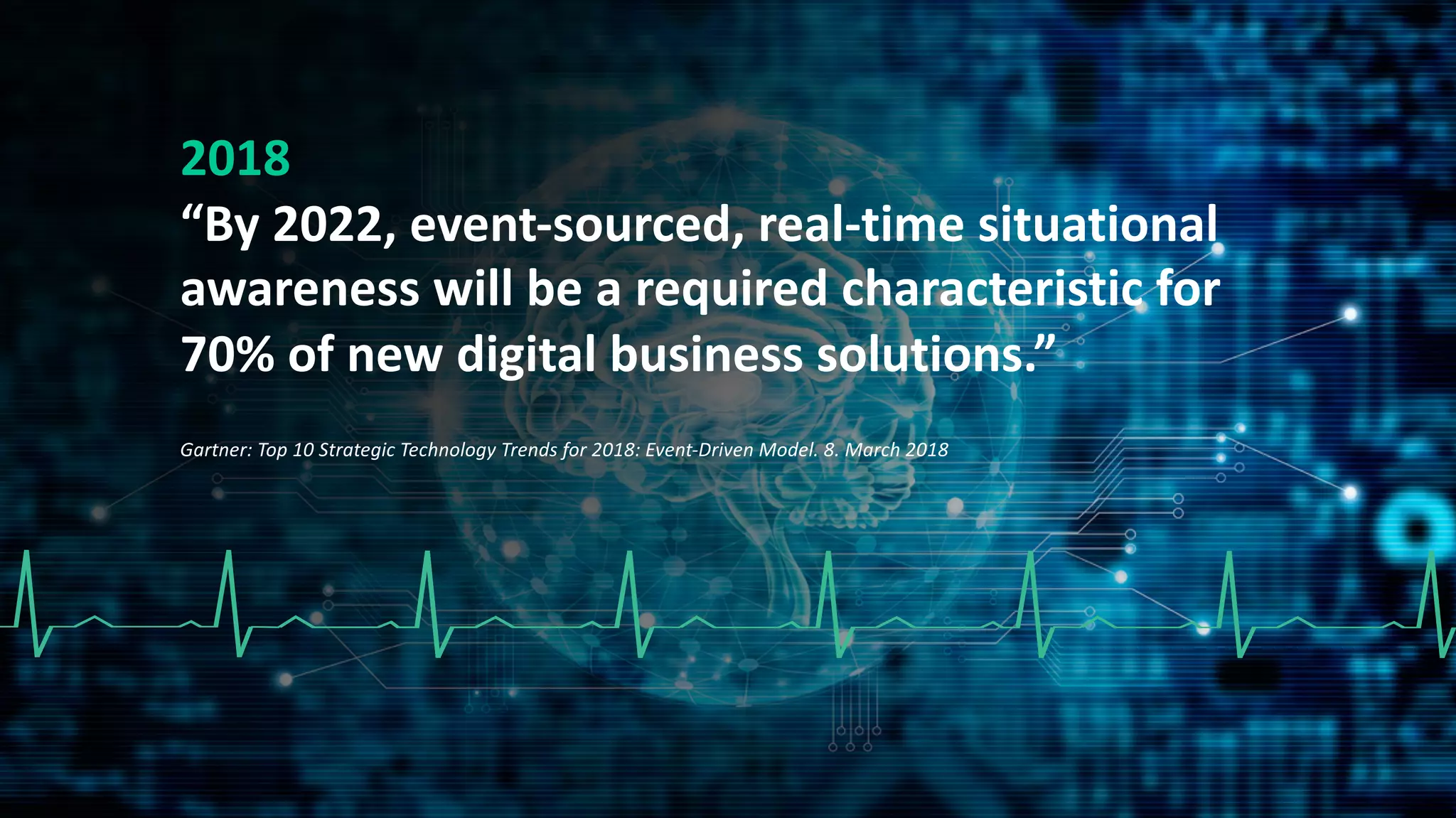 2018
“By 2022, event-sourced, real-time situational
awareness will be a required characteristic for
70% of new digital business solutions.”
Gartner: Top 10 Strategic Technology Trends for 2018: Event-Driven Model. 8. March 2018
 