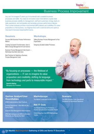 Tracks
                                                                                                                            &
                                                                                                                     Sessions
                                                              Business Process Improvement
You can’t re-imagine IT when you’re burdened with outdated business
processes and skills. You need an innovative vision that delivers crystal-clear
business process visibility to management, staff and customers; brings clarity to
daily operations; and anticipates and remedies process performance failures.
This is what business process improvement (BPI) delivers as it solidiﬁes IT’s value
proposition to the business, re-imagines how work could be done and opens a
new level of process-based performance.



Sessions                                     Workshops
Success With Business Process Performance    Selling Business Process Management to Your
Metrics                                      Organization

Creating Successful Transformation: How to   Designing Socially Enabled Processes
Blend Change Management Art and Science

Business Process Management Gets Social —
Rethinking How Work Gets Done

Best Practices for Selecting a Business
Process Management Suite




“By focusing on processes — the lifeblood of
 organizations — IT can re-imagine its value
 proposition and credibility, shifting its language
 from technology and parts to measurable impact.”
 David W. McCoy
 Managing Vice President




Gartner Analyst/User                         Marketscope                                   Scenario
Roundtables                                  The Market Landscape for BPI in 2015          The BPM Scenario: From Operational
                                                                                           Excellence to Operational Resilience
BPMS Implementation Best Practices

Process Governance - How Well are you        Net IT Outs
Doing Today?                                 The Needed Synergy for Resilience —
                                             Flexible Operations and Adaptable People
Business Rule Management Best Practices
                                             Establishing Your Own BPM Methodology
BPM Methodologies and BPM Certiﬁcation:
                                             Toolbox
Where are you Placing Your Bets?




The World’s Most Important Gathering of CIOs and Senior IT Executives                                                             13
 