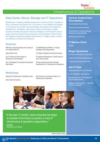 Tracks
                                                                                                                                Sessions&
                                                                               Infrastructure & Operations
Data Center, Server, Storage and IT Operations                                                           Gartner Analyst/User
                                                                                                         Roundtables
Developing or managing a ﬂexible infrastructure is the top-priority IT strategy for
CIOs, according to the Gartner 2011 CIO Survey. For true ﬂexibility, I&O leaders                         High Availability Best Practices
must embrace new infrastructure technologies and operational management                                  Disaster Recovery Best Practices
capabilities for virtualization, data centers, servers and storage to enable
business innovation and growth. Build your strategy to cut through the hype of                           Best Practices for Turning a Storage
                                                                                                         Strategy Into Tactical Actions
public, private and hybrid cloud computing’s many implications, while rising to
the challenge of delivering tangible improvements in IT agility, quality of service                      Moving from Unix to Linux
and efﬁciency of infrastructure solutions.

                                                                                                         IT Market Clock
Sessions
                                                                                                         Storage
Will Fabric Computing Destroy the Concept of    The IBM Mainframe Platform: On-Going
the Traditional Server?                         Challenges, New Opportunities
                                                                                                         Magic Quadrants
Uptime All the Time                             Ten Steps to Building Private Cloud Services
                                                                                                         x86 Server Virtualization Infrastructure
Top 10 Trends and Their Impact on               IT Operations Management: Critical Factors in
Infrastructure and Operations                   Your Future Success                                      Application Performance Management

Top 10 Strategies for Surviving Unconstrained   Driving Innovation to Achieve Dramatic                   IT Operations Process Frameworks
Data Growth                                     Improvements in IT Infrastructure & Operations
                                                                                                         Net IT Outs
                                                                                                         Modernizing Recovery into Resiliency
Workshops                                                                                                IT Can’t Be Mature unless I&O Is!
Reducing IT Infrastructure & Operations Costs   Best Practices for Driving Innovation in IT
                                                Infrastructure & Operations                              Infrastructure Trend: The Evolution of
Fabric based Computing                                                                                   Shrinking Data Centers

                                                                                                         Applications Management — The Weak
                                                                                                         Link In IT Operations?




“In the past 12 months, cloud computing has begun
 to transition from theory to practice in many IT
 infrastructure & operations organizations.”
 Ed Holub
 Managing Vice President


                                                                           Sessions subject to change.


The World’s Most Important Gathering of CIOs and Senior IT Executives                                                                               15
 