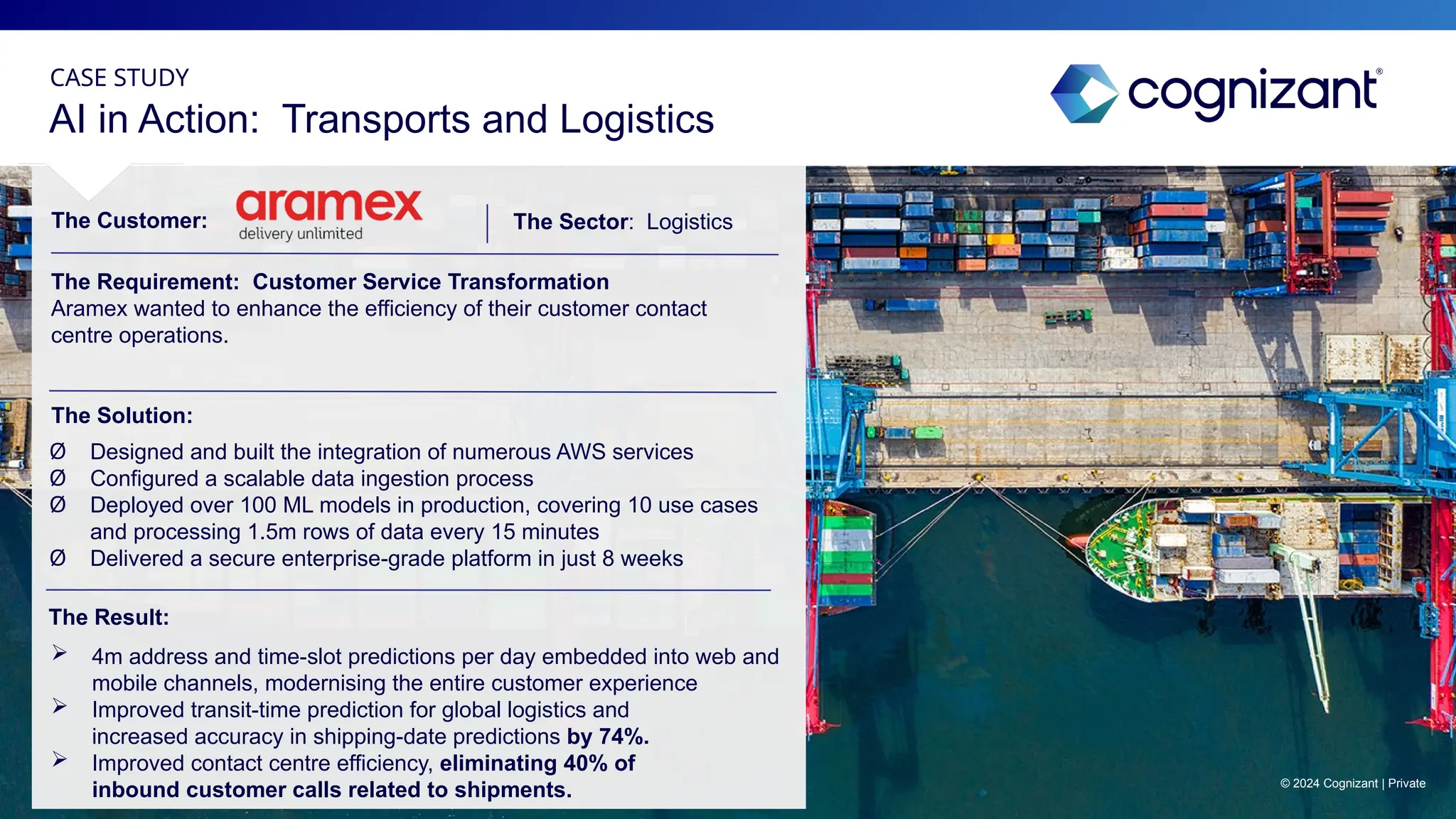 CASE STUDY
The Customer:
AI in Action: Transports and Logistics
The Sector: Logistics
 4m address and time-slot predictions per day embedded into web and
mobile channels, modernising the entire customer experience
 Improved transit-time prediction for global logistics and
increased accuracy in shipping-date predictions by 74%.
 Improved contact centre efficiency, eliminating 40% of
inbound customer calls related to shipments.
The Solution:
The Requirement: Customer Service Transformation
Aramex wanted to enhance the efficiency of their customer contact
centre operations.
Ø Designed and built the integration of numerous AWS services
Ø Configured a scalable data ingestion process
Ø Deployed over 100 ML models in production, covering 10 use cases
and processing 1.5m rows of data every 15 minutes
Ø Delivered a secure enterprise-grade platform in just 8 weeks
The Result:
© 2024 Cognizant | Private
 