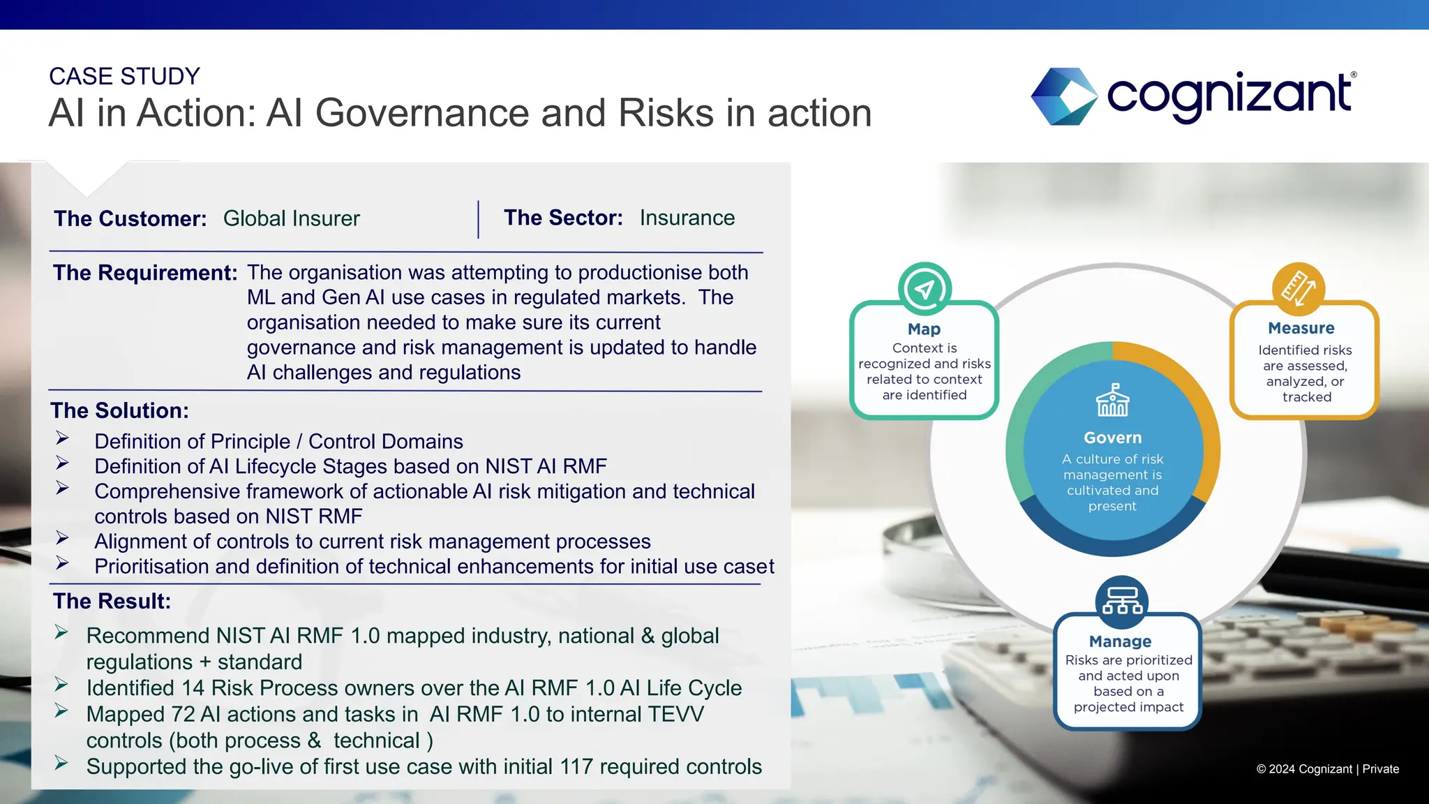 CASE STUDY
The Customer:
AI in Action: AI Governance and Risks in action
The Result:
The Solution:
The Requirement:
 Definition of Principle / Control Domains
 Definition of AI Lifecycle Stages based on NIST AI RMF
 Comprehensive framework of actionable AI risk mitigation and technical
controls based on NIST RMF
 Alignment of controls to current risk management processes
 Prioritisation and definition of technical enhancements for initial use caset
 Recommend NIST AI RMF 1.0 mapped industry, national & global
regulations + standard
 Identified 14 Risk Process owners over the AI RMF 1.0 AI Life Cycle
 Mapped 72 AI actions and tasks in AI RMF 1.0 to internal TEVV
controls (both process & technical )
 Supported the go-live of first use case with initial 117 required controls
The Sector:
Global Insurer
The organisation was attempting to productionise both
ML and Gen AI use cases in regulated markets. The
organisation needed to make sure its current
governance and risk management is updated to handle
AI challenges and regulations
Insurance
© 2024 Cognizant | Private
 