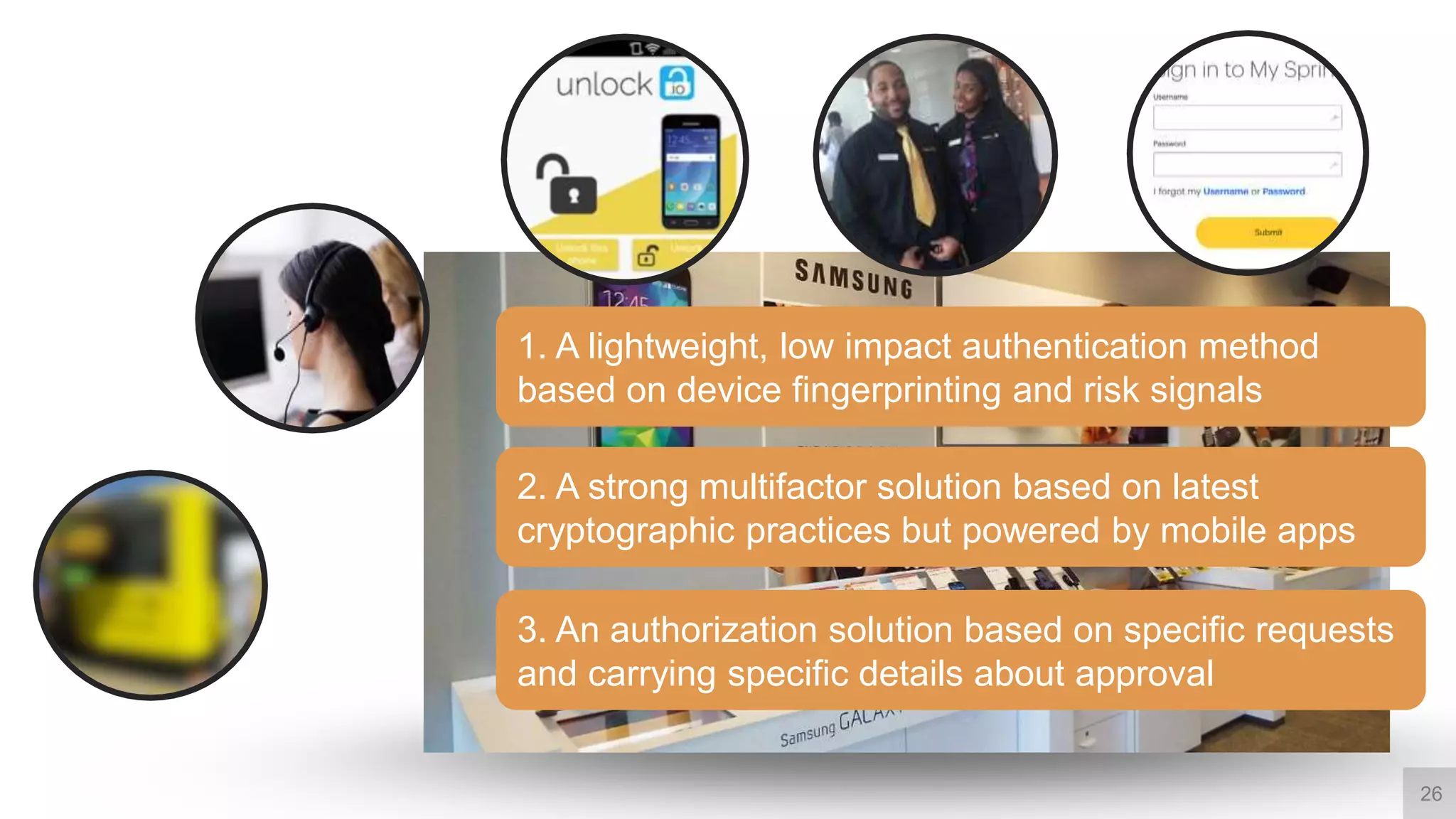 26
1. A lightweight, low impact authentication method
based on device fingerprinting and risk signals
2. A strong multifactor solution based on latest
cryptographic practices but powered by mobile apps
3. An authorization solution based on specific requests
and carrying specific details about approval
 
