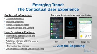 Emerging Trend:
The Contextual User Experience
Personal Assistants as IntermediariesContextual Information:
•  Location Information
•  Available Endpoints
•  Human Request for Action
•  Relevant Services and Content
User Experience Platform:
•  Intermediary Between Users and
Content/Capabilities
•  Acts for or Interacts With the User to
Accomplish Goals:
- The Invisible User Interface
•  Dynamically Assembles UI Screens/Forms
Image © Apple
Siri
Image © Microsoft
Cortana
Image © Google
Google Now
… Just the Beginning!
 
