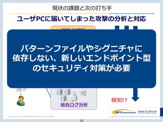 Copyright © NTT Communications Corporation. All rights reserved.
現状の課題と次の打ち手
総合ログ分析
リアルタイム・
マルウェア検知
(Sandbox+PCAP)
IPS/UTM
(従来型SOC)
ユーザPCに届いてしまった攻撃の分析と対応
防御！
防御！
検知!?
24
パターンファイルやシグニチャに
依存しない、新しいエンドポイント型
のセキュリティ対策が必要
 