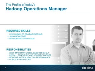 REQUIRED SKILLS
      LINUX ADMIN OR DBA BACKGROUND
      JAVA KNOWLEDGE
      NETWORKING KNOWLEDGE




     RESPONSIBILITIES
        KEEP IMPORTANT WORKLOADS WITHIN SLA
        INSTALL, CONFIGURE AND UPGRADE HADOOP
        MONITOR SYSTEM HEALTH & PERFORMANCE
        PLAN FOR THE FUTURE



16
 