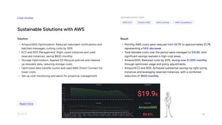 Case studies
Sustainable Solutions with AWS
Solution
AmazonSNS Optimization: Reduced redundant notifications and
batched messages, cutting costs by 50
EC2 and RDS Management: Right-sized instances and used
reserved instances, saving $600 monthly
Storage Optimization: Applied S3 lifecycle policies and cleaned
up obsolete data, reducing storage costs
Optimized data transfer routes and used AWS Direct Connect for
lower cost
Set up cost monitoring and alerts for proactive management.
Result
Monthly AWS costs were reduced from to approximately ,
representing a
Total blended costs over the period were managed to , with
significant savings realized in high-cost areas
AmazonSNS: Reduced costs by 50%,
through optimized usage and policy adjustments
AmazonEC2 and RDS: Achieved substantial savings by right-sizing
instances and leveraging reserved instances, with a combined
reduction of
$3.7K $1.7K
54% decrease
$19.9K
saving over $1,000 monthly
$600 monthly.

Technologies used
AWS EC2 Amazon SNS AWS Lambda AWS CloudWatch
12
Read more
 
