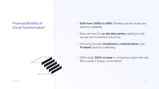 FinancialBenefitsof
CloudTransformation
ShiftfromCAPEXtoOPEX:Flexiblecoststructuresand
dynamicscalability.
Reducedneedforon-sitedatacenters,leadingtocost
savingsandincreasedproductivity.
Efficiencythroughvirtualization,containerization,and
AI-basedresourcescheduling.

2020study:550%increaseincomputingoutputwithonly
6%increaseinenergyconsumption.
6
 