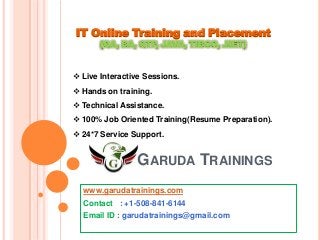 IT Online Training and Placement
(QA, BA, QTP, JAVA, TIBCO, .NET)

 Live Interactive Sessions.
 Hands on training.
 Technical Assistance.
 100% Job Oriented Training(Resume Preparation).
 24*7 Service Support.

GARUDA TRAININGS
www.garudatrainings.com
Contact : +1-508-841-6144
Email ID : garudatrainings@gmail.com

 