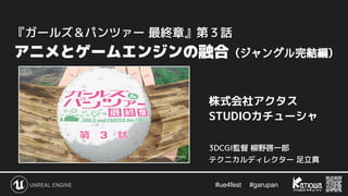 #ue4fest 　 #garupan
アニメとゲームエンジンの融合（ジャングル完結編）
株式会社アクタス
STUDIOカチューシャ
3DCGI監督 柳野啓一郎
テクニカルディレクター 足立真
© GIRLS und PANZER Finale Projekt
『ガールズ＆パンツァー 最終章』第３話
 