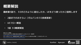 #ue4fest 　 #garupan
概要解説
過去に行った講演
Unreal Engine 4でより複雑な演出を実現『ガールズ＆パンツァー 最終章
https://cgworld.jp/feature/201911-255-ue4gp.html
『ガールズ&パンツァー 最終章』第2話、安易にゲームエンジンを使うのは危険！｜CGWCCレポート（4）
https://cgworld.jp/feature/201911-cgwcc-gp.html
最終章3話で、３Dがどのように進化したか、UEをどう使ったかご説明します
• 2話までのおさらい（ガルパンの３D技術革新）
• UEフロー解説
• 3話 ３D概要解説
 