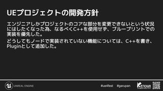 #ue4fest 　 #garupan
UEプロジェクトの開発方針
エンジニアしかプロジェクトのコアな部分を変更できないという状況
にはしたくなった為、なるべくC++を使用せず、ブループリントでの
実装を優先した。
どうしてもノードで実装されていない機能については、C++を書き、
Pluginとして追加した。
 