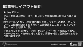 #ue4fest 　 #garupan
　背景レイアウト同期
♦ レイアウト
アニメ制作の工程の一つで、絵コンテと原画の間に挟まる作業とな
る。
絵コンテから1カットの背景の構図やキャラクターの動き、カメラ
ワークの配置を決定する「カットの設計図」のことで、レイアウト
モーションとも呼ばれる。
『ガルパン』の3Dカットでは、Maxでレイアウトを作成しており、
MaxのレイアウトをUEに持って行き、背景を付けて色味をFixさせる
作業が発生する。
 