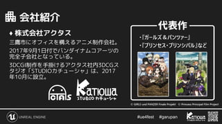 #ue4fest 　 #garupan
　会社紹介
♦ 株式会社アクタス
三鷹市にオフィスを構えるアニメ制作会社。
2017年9月1日付でバンダイナムコアーツの
完全子会社となっている。
3DCGI制作を手掛けるアクタス社内3DCGス
タジオ「STUDIOカチューシャ」は、2017
年10月に設立。
 