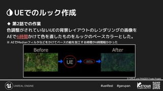 #ue4fest 　 #garupan
　UEでのルック作成
♦ 第2話での作業
色調整がされていないUEの背景レイアウトのレンダリングの画像を
AEで6時間かけて色を直したものをルックのベースカラーとした。
※ AEでMedianフィルタなどをかけてベースの絵を加工する時間が6時間程かかった
© GIRLS und PANZER Finale Projekt
 