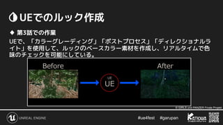 #ue4fest 　 #garupan
　UEでのルック作成
♦ 第3話での作業
UEで、「カラーグレーディング」「ポストプロセス」「ディレクショナルラ
イト」を使用して、ルックのベースカラー素材を作成し、リアルタイムで色
味のチェックを可能にしている。
© GIRLS und PANZER Finale Projekt
 