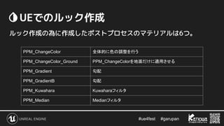 #ue4fest 　 #garupan
　UEでのルック作成
ルック作成の為に作成したポストプロセスのマテリアルは6つ。
PPM_ChangeColor 全体的に色の調整を行う
PPM_ChangeColor_Ground PPM_ChangeColorを地面だけに適用させる
PPM_Gradient 勾配
PPM_GradientB 勾配
PPM_Kuwahara Kuwaharaフィルタ
PPM_Median Medianフィルタ
 
