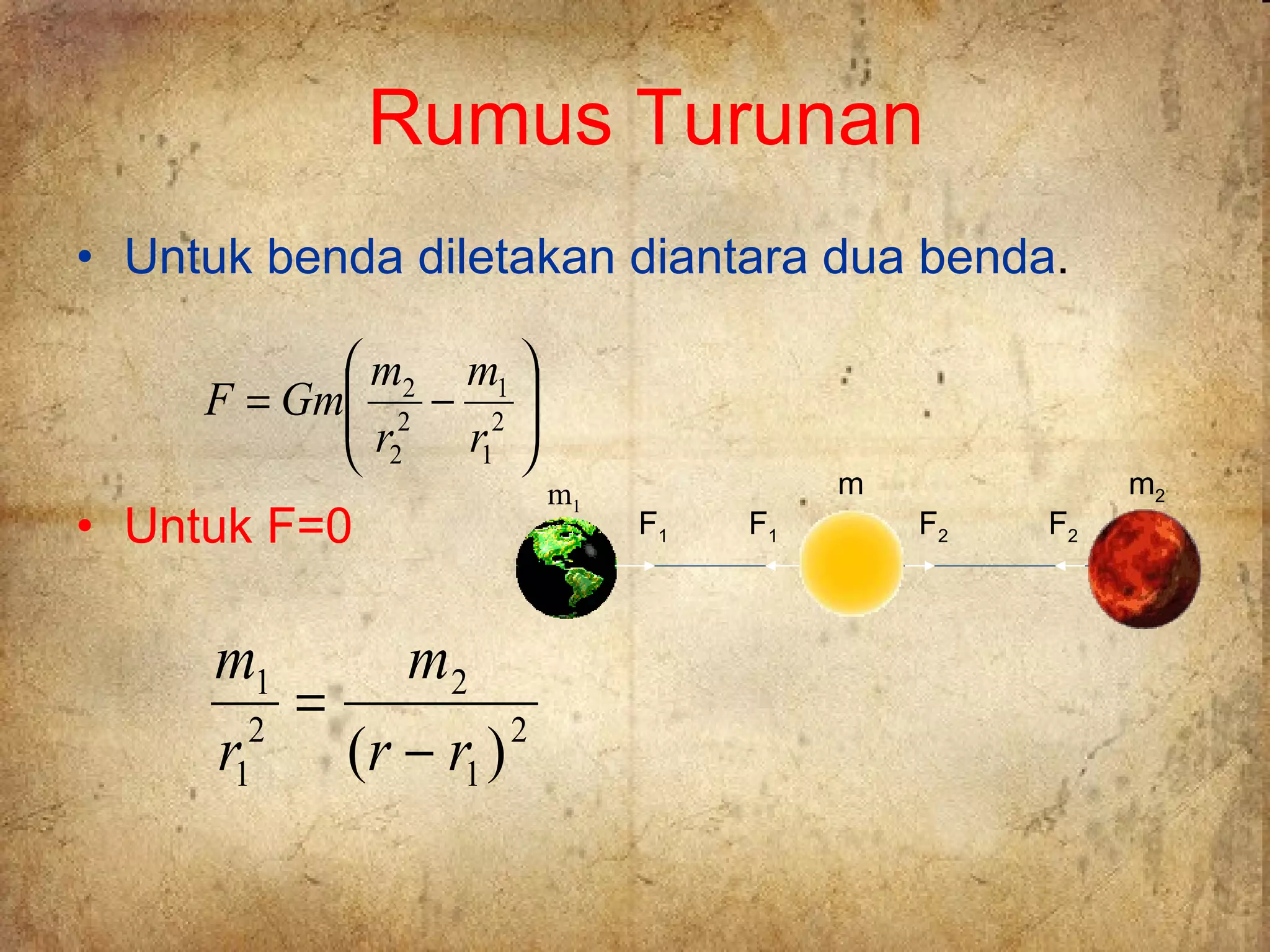 Rumus Turunan Untuk benda diletakan diantara dua benda . Untuk F=0 m 1 m m 2 F 1 F 2 F 1 F 2 