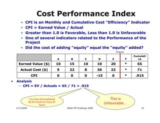 Cost Performance Index
        • CPI is an Monthly and Cumulative Cost “Efficiency” Indicator
        • CPI = Earned Value / Actual
        • Greater than 1.0 is Favorable, Less than 1.0 is Unfavorable
        • One of several indicators related to the Performance of the
          Project
        • Did the cost of adding “equity” equal the “equity” added?
                                                                                       Timenow

                                                                                                     Cumulati
                                           A       B           C          D        E             F     ve

      Earned Value ($)                     10     15         10          10       20             *     65
       Actual Cost ($)                     9      22          8          30       22             *     71
                  CPI                      0       0          0          -15       0             *    .915
•   Analysis
     – CPI = EV / Actuals = 65 / 71 = .915



                You have Accomplished                                             This is
                $0.92 Worth for Every $1
                        Spent
                                                                               Unfavorable…
    1/31/2008                                   NASA PM Challenge 2008                                    42
 