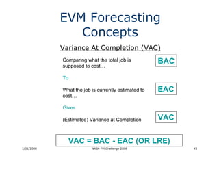 EVM Forecasting
               Concepts
            Variance At Completion (VAC)
            Comparing what the total job is          BAC
            supposed to cost…

            To

            What the job is currently estimated to   EAC
            cost…

            Gives

            (Estimated) Variance at Completion       VAC


              VAC = BAC - EAC (OR LRE)
1/31/2008                NASA PM Challenge 2008            43
 