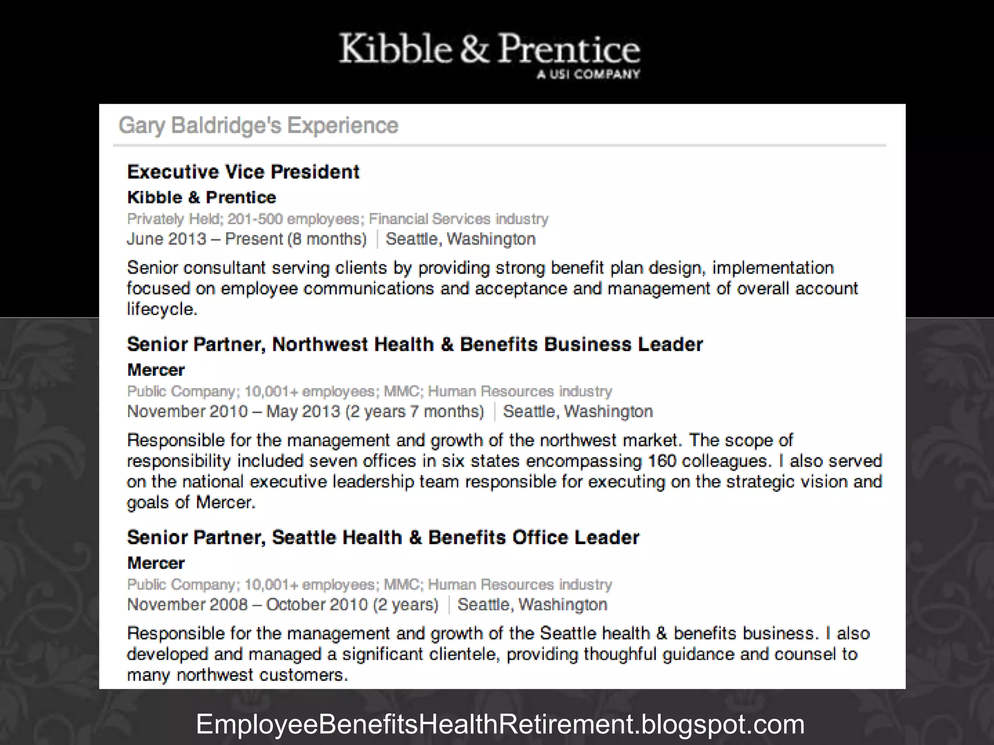 GARY BALDRIDGE
Executive Vice President

EmployeeBenefitsHealthRetirement.blogspot.com

 