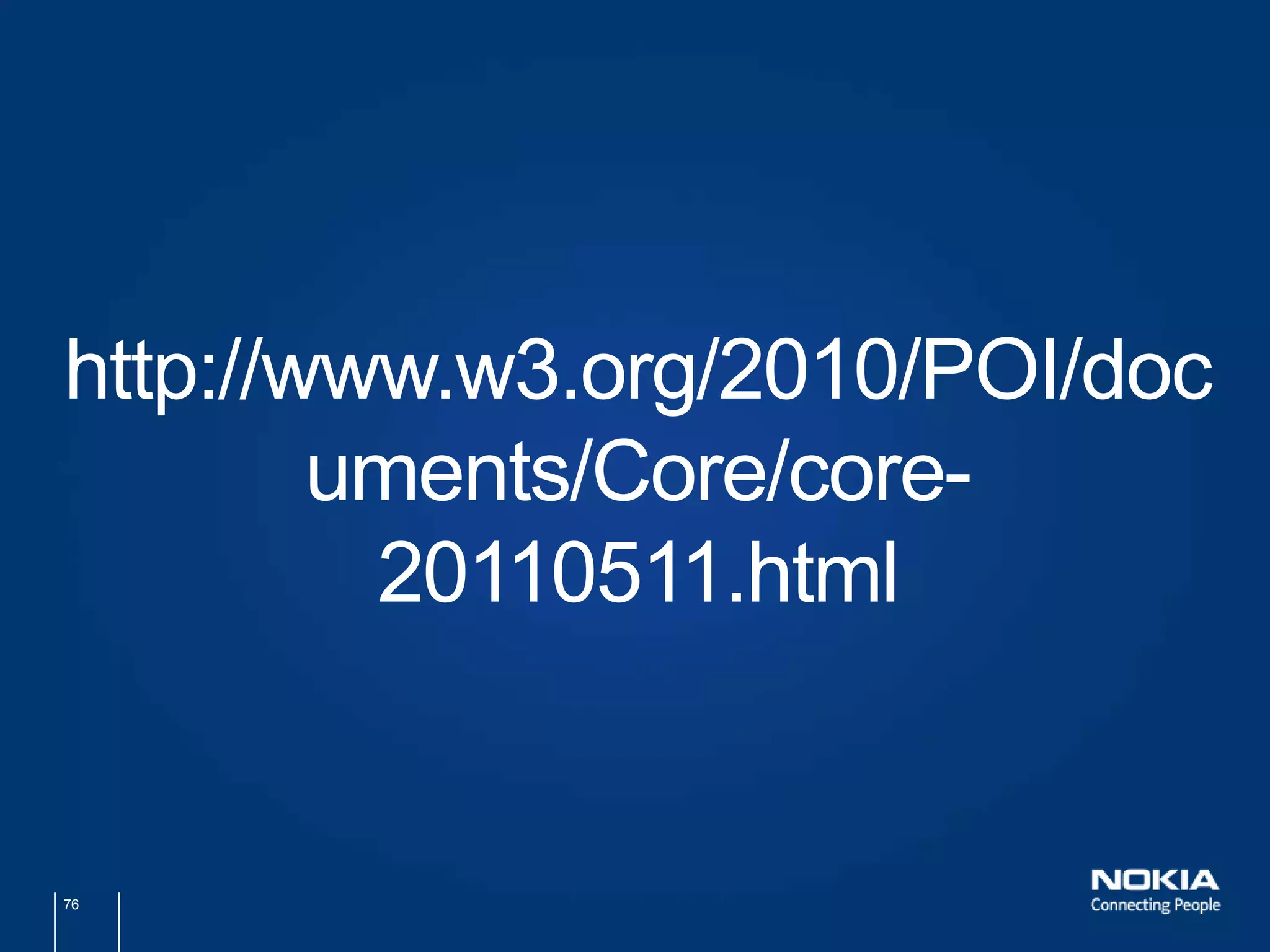 75<?xml version="1.0" encoding="UTF-8"?><pois>	<poi id="StataCenter" xml:lang="en-US" >		<label primary="true" xml:lang="en-US">Stata Center</label>		<label primary="true" xml:lang="es">Stata Centro</label>		<label>Ray and Maria Stata Center</label>		<label>Building 32</label>		<label>Gates Tower</label>		<label>Dreyfoos Tower</label>		<location id="location1">			<point latitude="42.360890561289295" longitude="-71.09139204025269"/>			<point id="mainpoint" latitude="27.174799" longitude="78.042111" altitude="10m"/>			<center latitude="27.174799" longitude="78.042111"/>			<route>				<point order="0" latitude="42.360890561289295" longitude="-71.09139204025269"/>				<point order="1" latitude="42.361176" longitude="-71.09018"/>				<point order="2" latitude="42.36272976137689" longitude="-71.09049081802368"/>				<point order="3" latitude="42.36318955298668" longitude="-71.09677791595459"/>				<point order="4" latitude="42.363617631805496" longitude="-71.10156297683716"/>			</route>			<area>				<point order="0" latitude="42.360890561289295" longitude="-71.09139204025269"/>				<point order="1" latitude="42.361176" longitude="-71.09018"/>				<point order="2" latitude="42.36272976137689" longitude="-71.09049081802368"/>				<point order="3" latitude="42.36318955298668" longitude="-71.09677791595459"/>				<point order="4" latitude="42.363617631805496" longitude="-71.10156297683716"/>				<point order="5" latitude="42.360890561289295" longitude="-71.09139204025269"/>			</area>			<undetermined/>			<relative location-id="mainpoint" distance-from="10m" bearing-to="20" relative-height="10m"/>		</location>		<category scheme="http://www.census.gov/cgi-bin/sssd/naics/naicsrch?search=2007%20NAICS%20Search&code=611310">			<name xml:lang="en-US">Colleges, Universities, and Professional Schools</name>			<association type="child-of" reference="http://www.census.gov/cgi-bin/sssd/naics/naicsrch?search=2007%20NAICS%20Search&code=6113"/>		</category>	</poi></pois>