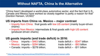 Without NAFTA, China Is the Alternative
“China hasn’t developed a world-class automotive sector, and the fact that U.S.,
C...