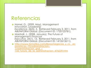 ReferenciasHamel, G.. (2009, May). Management Innovation. Leadership Excellence, 26(5), 5.  Retrieved February 3, 2011, from ABI/INFORM Global. (Document ID: 1720125781).Marshall, J.. (2008, January). The Future of Management Financial Executive, 24(1), 13.  Retrieved February 3, 2011, from ABI/INFORM Global. (Document ID: 1412613611).http://www.tematika.com/libros/negocios_y_cs__economicas--10/administracion--1/administracion_gral_--1/el_futuro_de_la_administracion--476229.htm