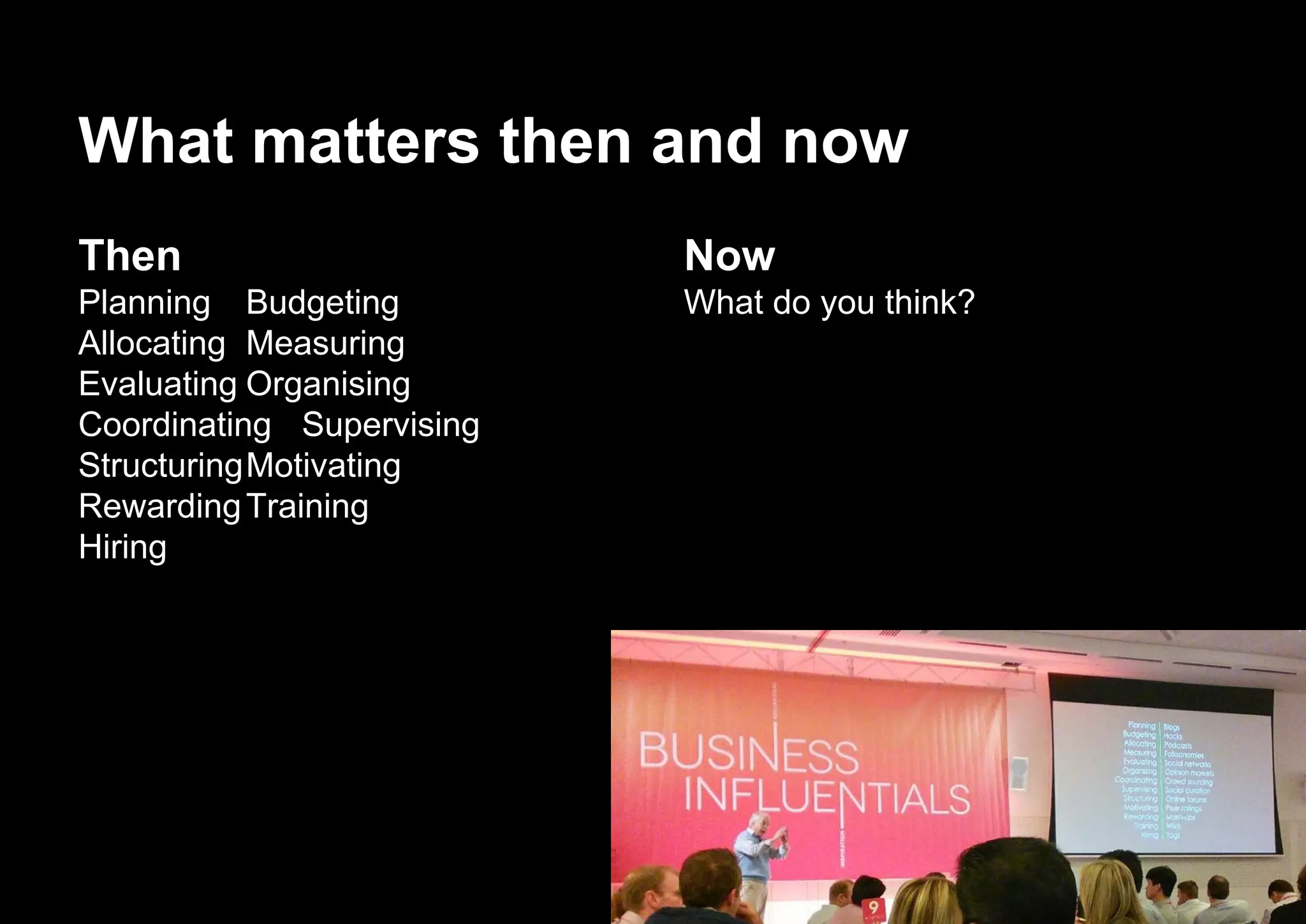 What matters then and now
Then
Planning Budgeting
Allocating Measuring
Evaluating Organising
Coordinating Supervising
StructuringMotivating
RewardingTraining
Hiring
Now
What do you think?
 