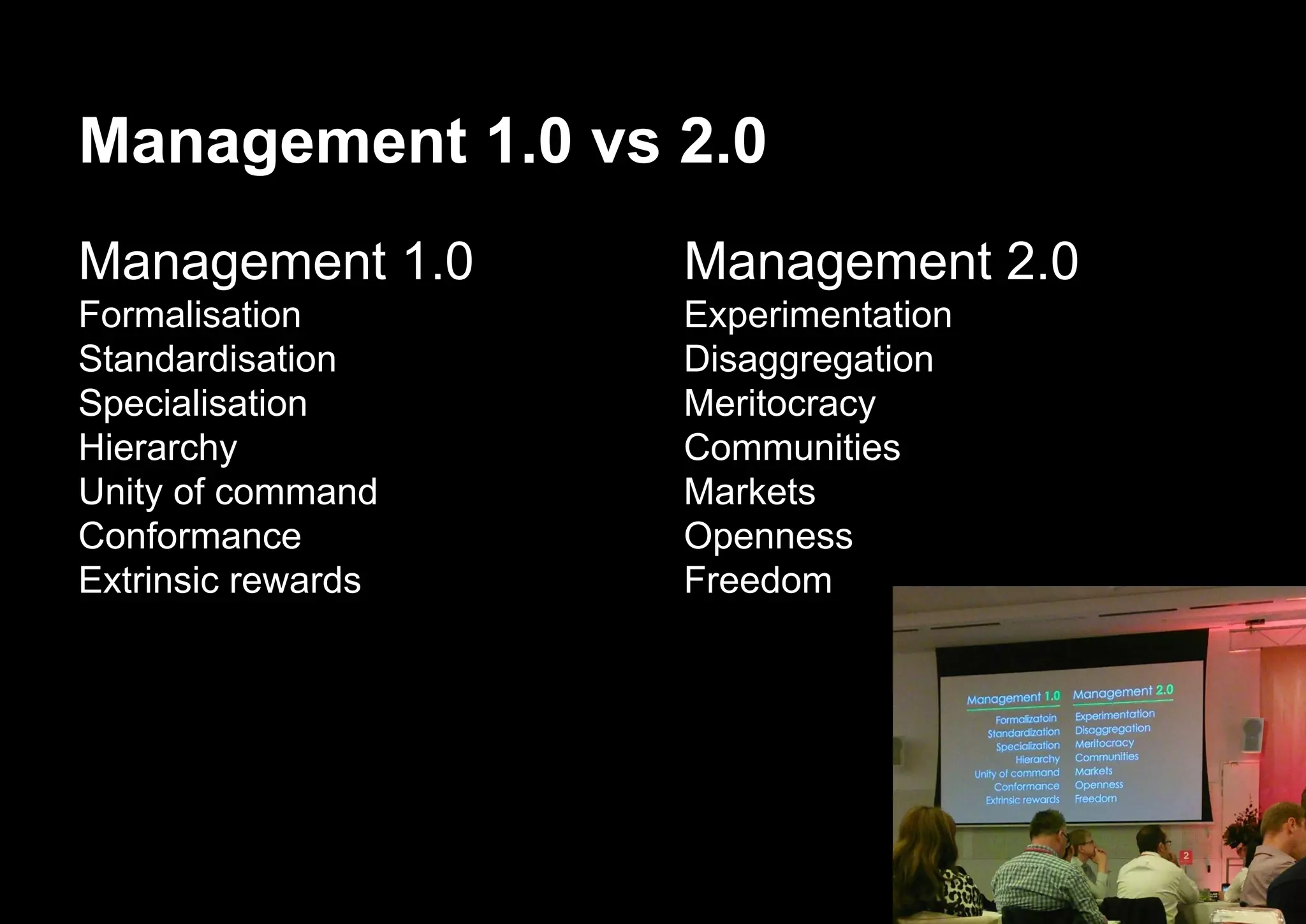 Management 1.0 vs 2.0
Management 1.0
Formalisation
Standardisation
Specialisation
Hierarchy
Unity of command
Conformance
Extrinsic rewards
Management 2.0
Experimentation
Disaggregation
Meritocracy
Communities
Markets
Openness
Freedom
 