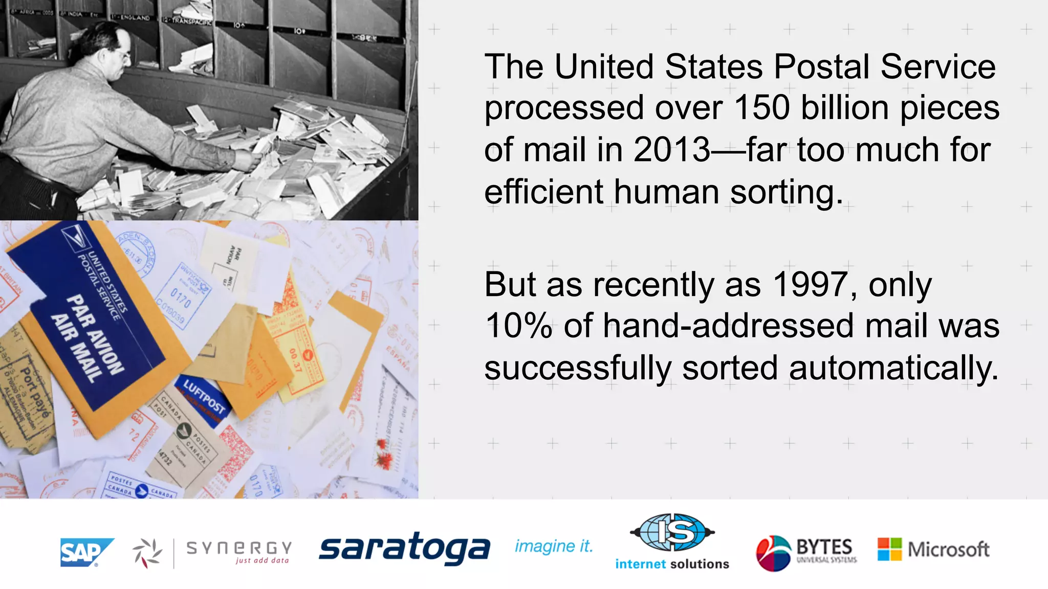 The United States Postal Service 
processed over 150 billion pieces 
of mail in 2013—far too much for 
efficient human sorting. 
But as recently as 1997, only 
10% of hand-addressed mail was 
successfully sorted automatically. 
 