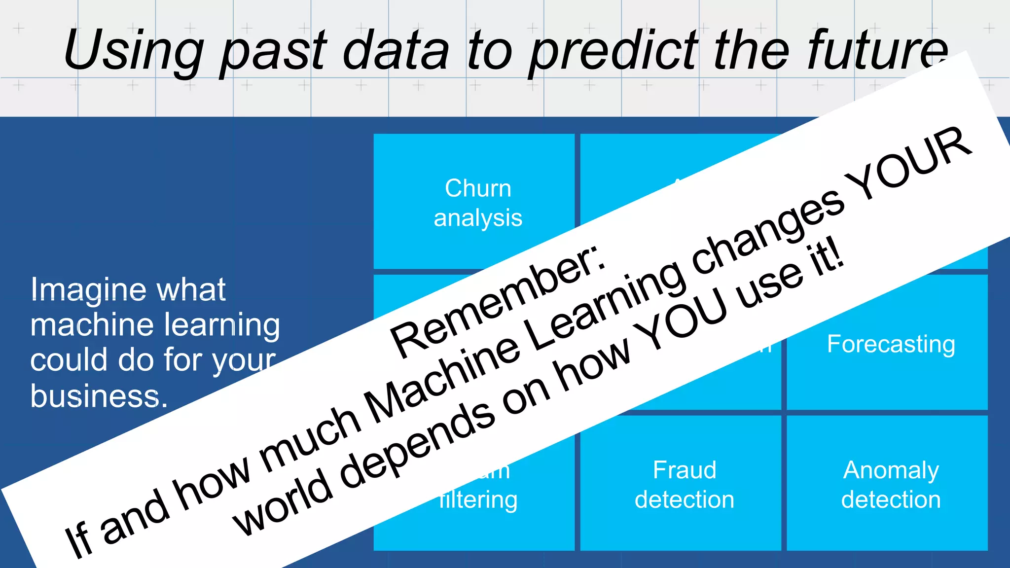 Using past data to predict the future 
Imagine what 
machine learning 
could do for your 
business. 
Churn 
analysis 
Equipment 
monitoring 
Spam 
filtering 
Ad 
targeting 
Recommendation 
Fraud 
detection 
Image 
detection & 
classification 
Forecasting 
Anomaly 
detection 
 