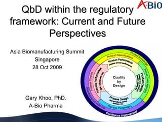 QbD within the regulatory
framework: Current and Future
        Perspectives
Asia Biomanufacturing Summit
          Singapore
         28 Oct 2009




     Gary Khoo, PhD.
      A-Bio Pharma
 