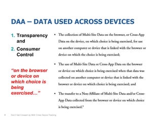 DAA – DATA USED ACROSS DEVICES
1. Transparency
and
2. Consumer
Control
“on the browser
or device on
which choice is
being
exercised…”
Don’t Get Crossed Up With Cross-Device Tracking9
 