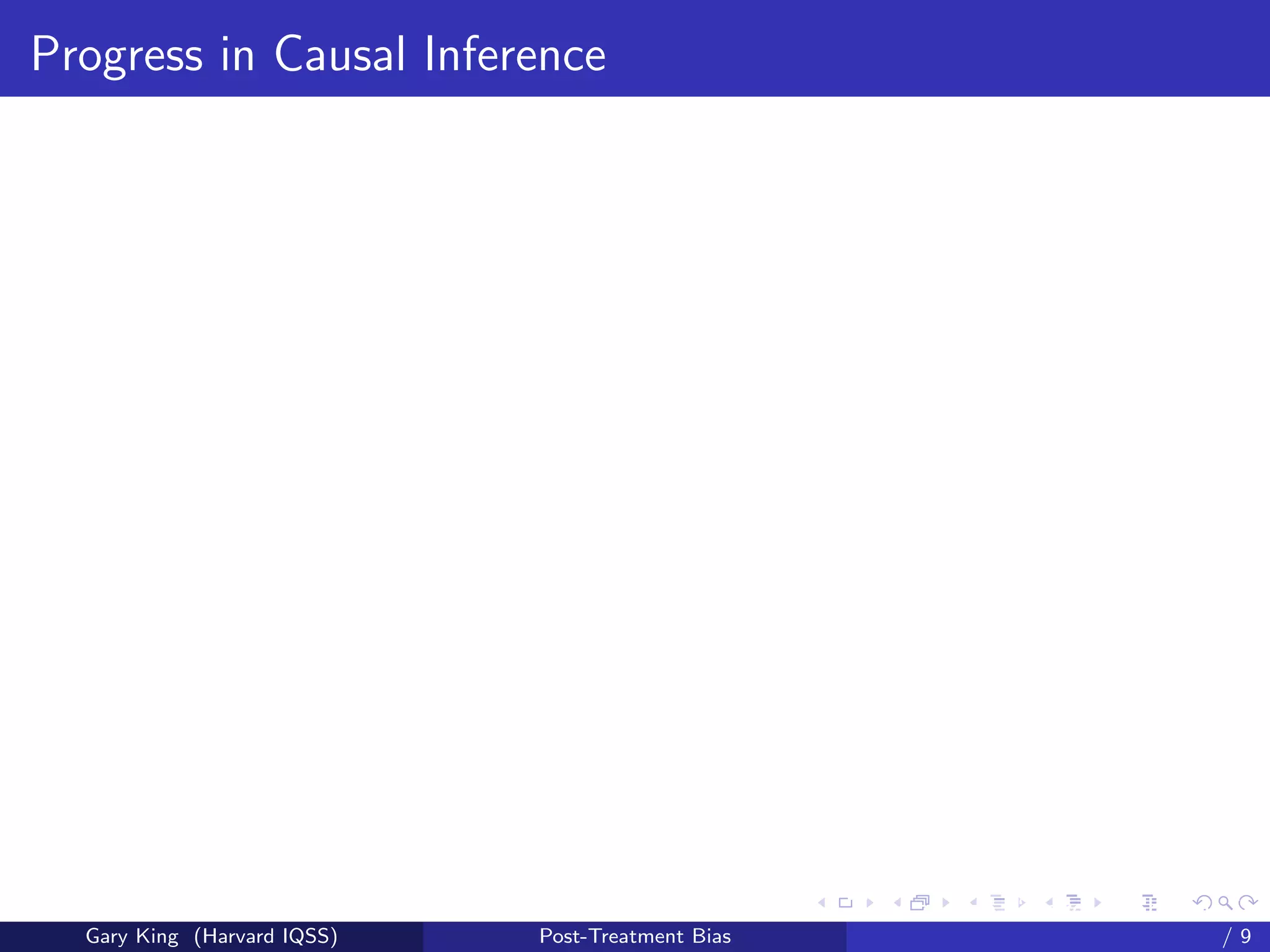 Progress in Causal Inference




                                                   Talk at the “Hard Problems in S
  Gary King (Harvard IQSS)   Post-Treatment Bias                             /9
 