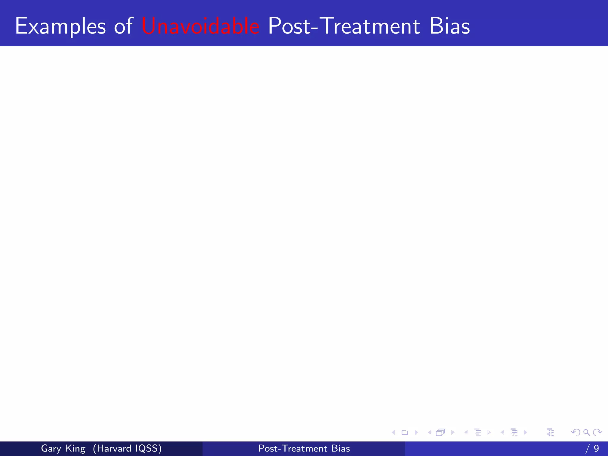 Examples of Unavoidable Post-Treatment Bias




                                                   Talk at the “Hard Problems in S
  Gary King (Harvard IQSS)   Post-Treatment Bias                             /9
 