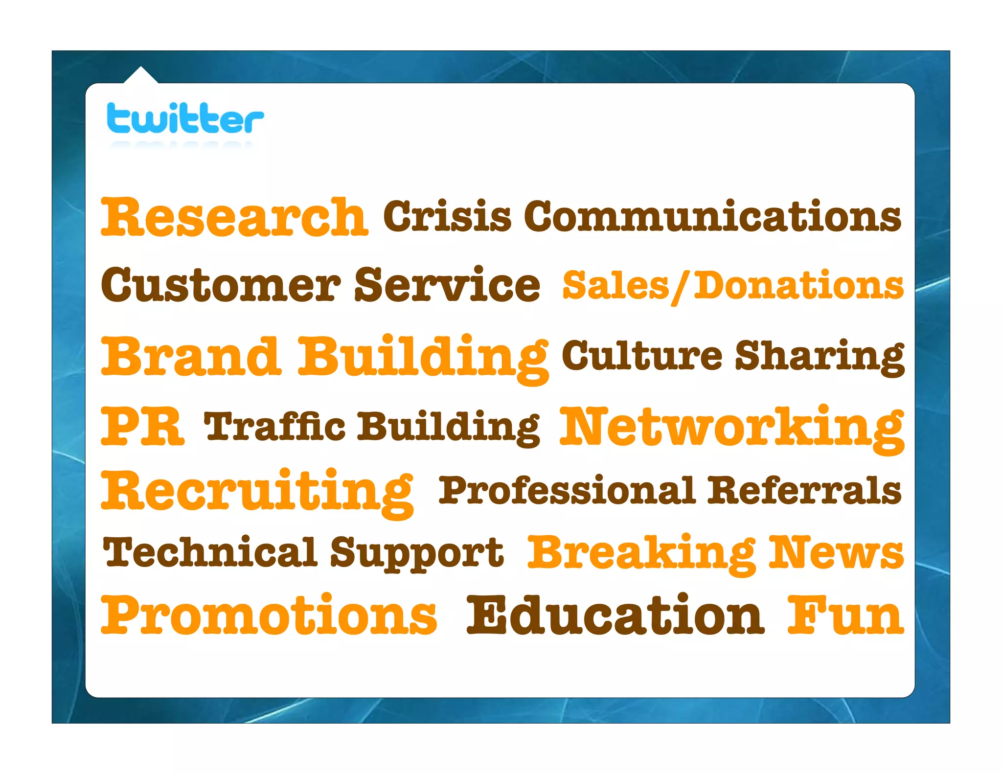 Research Crisis Communications
Customer Service Sales/Donations
Brand Building Culture Sharing
PR Trafﬁc Building Networking
Recruiting Professional Referrals
Technical Support Breaking News
Promotions Education Fun
 