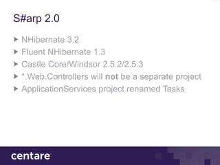 S#arp 2.0
 NHibernate 3.2
 Fluent NHibernate 1.3
 Castle Core/Windsor 2.5.2/2.5.3
 *.Web.Controllers will not be a separate project
 ApplicationServices project renamed Tasks
 