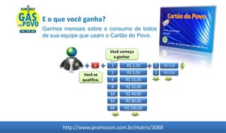 E o que você ganha?
Ganhos mensais sobre o consumo de todos
de sua equipe que usam o Cartão do Povo.

                           Você começa
                            a ganhar.
                     2     1      R$ 2,50    1   R$ 2,50
         VC                2      R$ 5,00    2   R$ 5,00
               Você se
              qualifica.   4      R$ 10,00
                           8      R$ 20,00
                           16     R$ 40,00
                           32     R$ 80,00
                           64    R$ 160,00



       http://www.promocon.com.br/matriz/3068
 