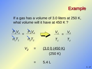 Example If a gas has a volume of 3.0 liters at 250 K, what volume will it have at 450 K ? V 2 = (3.0 l) (450 K) (250 K) =  5.4 L P 1 V 1 n 1 T 1 = P 2 V 2 n 2 T 2 V 1 T 1 = V 2 T 2 