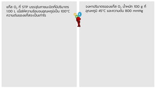 แก๊ส O2 ที่ STP บรรจุในภาชนะปิดที่มีปริมาตร
1.00 L เมื่อให้ความร้อนจนอุณหภูมิเป็น 100C
ความดันของแก๊สจะเป็นเท่าไร
จงหาปริมาตรของแก๊ส O2 น้าหนัก 100 g ที่
อุณหภูมิ 45C และความดัน 800 mmHg
 