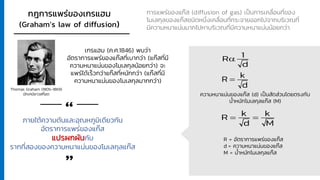การแพร่ของแก๊ส (diffusion of gas) เป็นการเคลื่อนที่ของ
โมเลกุลของแก๊สชนิดหนึ่งเคลื่อนที่กระจายออกไปจากบริเวณที่
มีความหนาแน่นมากไปหาบริเวณที่มีความหนาแน่นน้อยกว่า
กฎการแพร่ของเกรแฮม
(Graham’s law of diffusion)
เกรแฮม (ค.ศ.1846) พบว่า
อัตราการแพร่ของแก๊สที่เบากว่า (แก๊สที่มี
ความหนาแน่นของโมเลกุลน้อยกว่า) จะ
แพร่ได้เร็วกว่าแก๊สที่หนักกว่า (แก๊สที่มี
ความหนาแน่นของโมเลกุลมากกว่า)
“
“
ภายใต้ความดันและอุณหภูมิเดียวกัน
อัตราการแพร่ของแก๊ส
แปรผกผันกับ
รากที่สองของความหนาแน่นของโมเลกุลแก๊ส
Thomas Graham (1805-1869)
นักเคมีชาวสก๊อต
1
R
d

k
R
d
=
k k
R
d M
= =
ความหนาแน่นของแก๊ส (d) เป็นสัดส่วนโดยตรงกับ
น้าหนักโมเลกุลแก๊ส (M)
R = อัตราการแพร่ของแก๊ส
d = ความหนาแน่นของแก๊ส
M = น้าหนักโมเลกุลแก๊ส
 