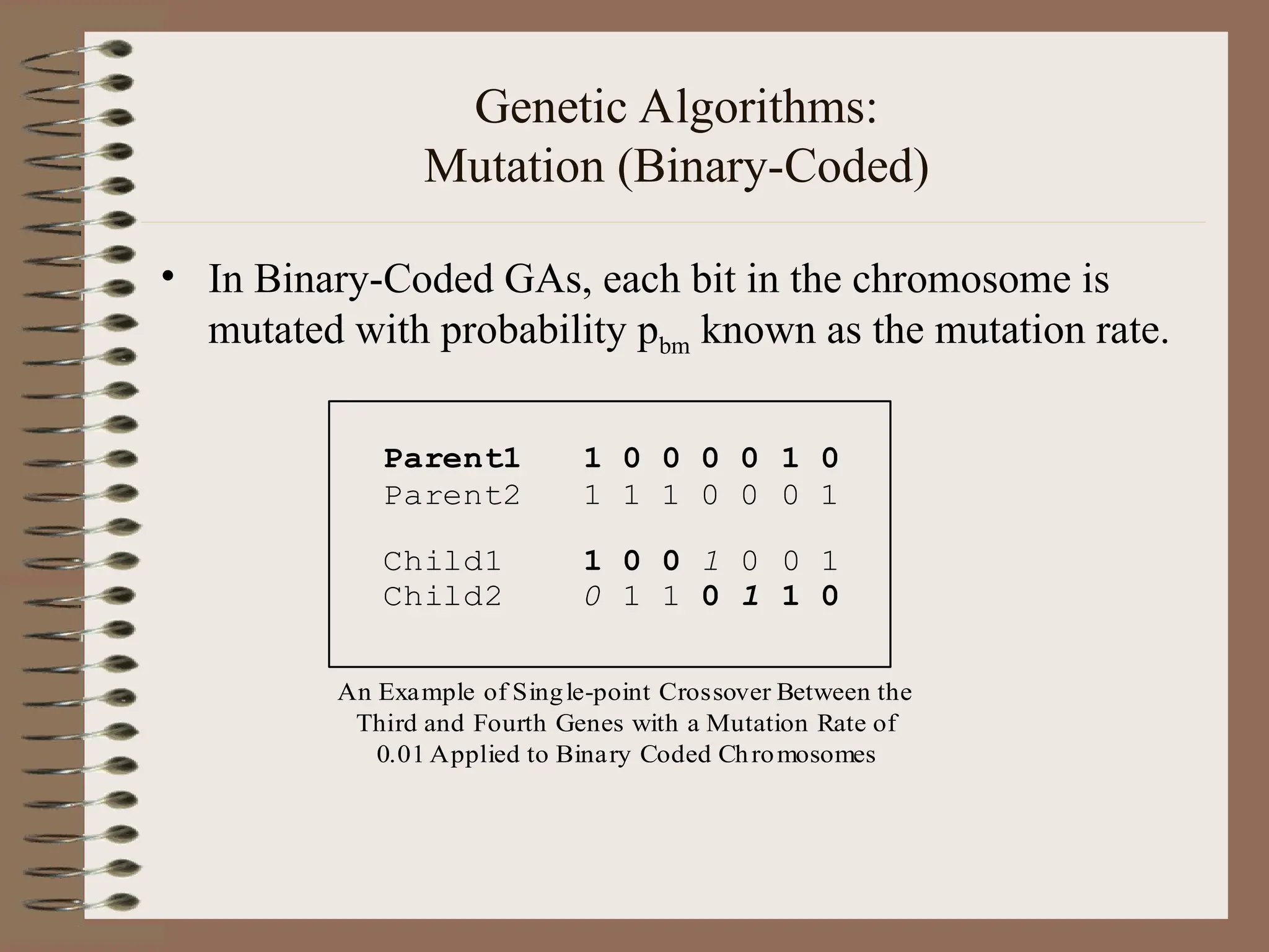 Genetic Algorithms: Mutation (Binary-Coded) • In Binary-Coded GAs, each bit in the chromosome is mutated with probability pbm known as the mutation rate. Parent1 1 0 0 0 0 1 0 Parent2 1 1 1 0 0 0 1 Child1 1 0 0 1 0 0 1 Child2 0 1 1 0 1 1 0 An Example of Single-point Crossover Between the Third and Fourth Genes with a Mutation Rate of 0.01 Applied to Binary Coded Chromosomes 