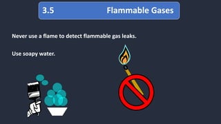 Never use a flame to detect flammable gas leaks.
Use soapy water.
3.5 Flammable Gases
3.5 Flammable Gases
 