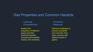 Gas Properties and Common Hazards
Chemical
Characteristics
Explore the
properties of different
gases and their
potential hazards,
including flammability,
toxicity, and reactivity.
Preventive
Measures
Discover strategies to
prevent accidents
and minimize risks
when working with
different types of
gases.
 