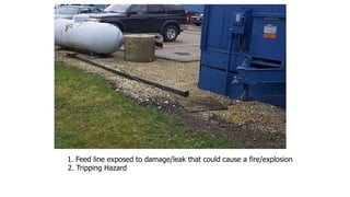 1. Feed line exposed to damage/leak that could cause a fire/explosion
2. Tripping Hazard
 