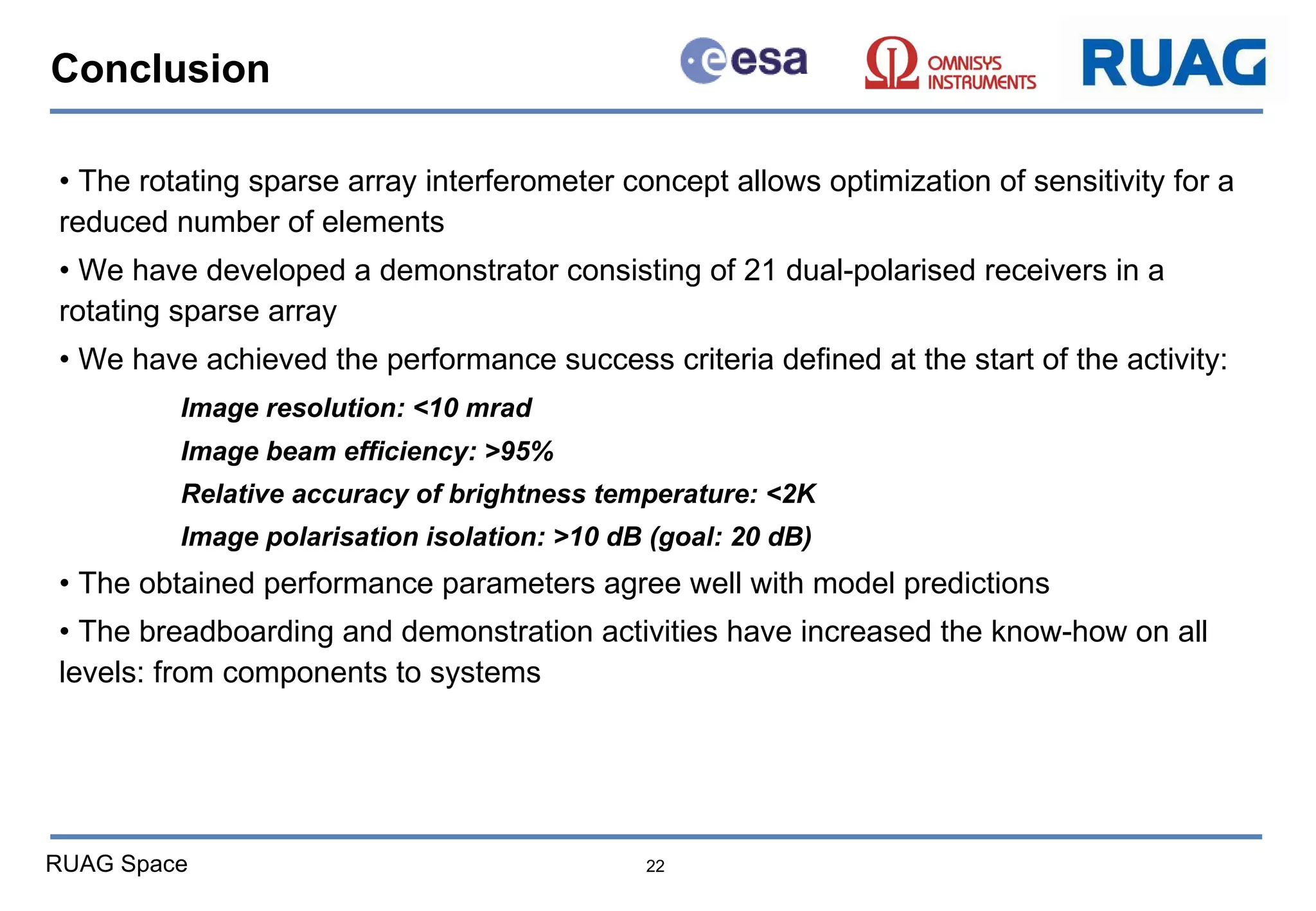 Conclusion The rotating sparse array interferometer concept allows optimization of sensitivity for a reduced number of elements We have developed a demonstrator consisting of 21 dual-polarised receivers in a rotating sparse array  •  We have achieved the performance success criteria defined at the start of the activity: Image resolution: <10 mrad Image beam efficiency: >95% Relative accuracy of brightness temperature: <2K Image polarisation isolation: >10 dB (goal: 20 dB) •  The obtained performance parameters agree well with model predictions The breadboarding and demonstration activities have increased the know-how on all levels: from components to systems 