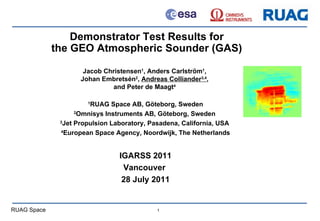 Demonstrator Test Results for  the GEO Atmospheric Sounder (GAS)  Jacob Christensen 1 , Anders Carlström 1 ,  Johan Embretsén 2 ,  Andreas Colliander 3,4 ,  and Peter de Maagt 4   1 RUAG Space AB, Göteborg, Sweden 2 Omnisys Instruments AB, Göteborg, Sweden  3 Jet Propulsion Laboratory, Pasadena, California, USA  4 European Space Agency, Noordwijk, The Netherlands IGARSS 2011 Vancouver  28 July 2011 