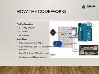 HOW THE CODE WORKS
Pin Configuration:
• A2 MQ-5 Sensor
→
• A1 LED
→
• A0 Buzzer
→
Code Flow:
• Read analog value from MQ-5
• If gas detected (LOW): LED & Buzzer ON,
print alert
• Else: LED & Buzzer OFF, print normal
• Add delay to avoid false triggering
 